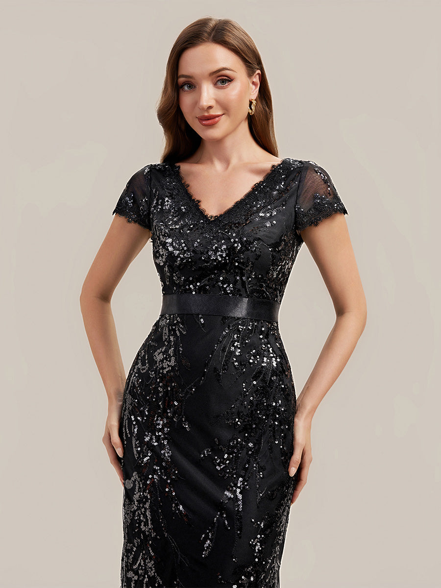 Ever-Pretty Sequin Lace V-Neck Midi Cocktail Dress with Short Sleeves Ever-Pretty Sequin Lace V-Neck Midi Cocktail Dress with Short Sleeves