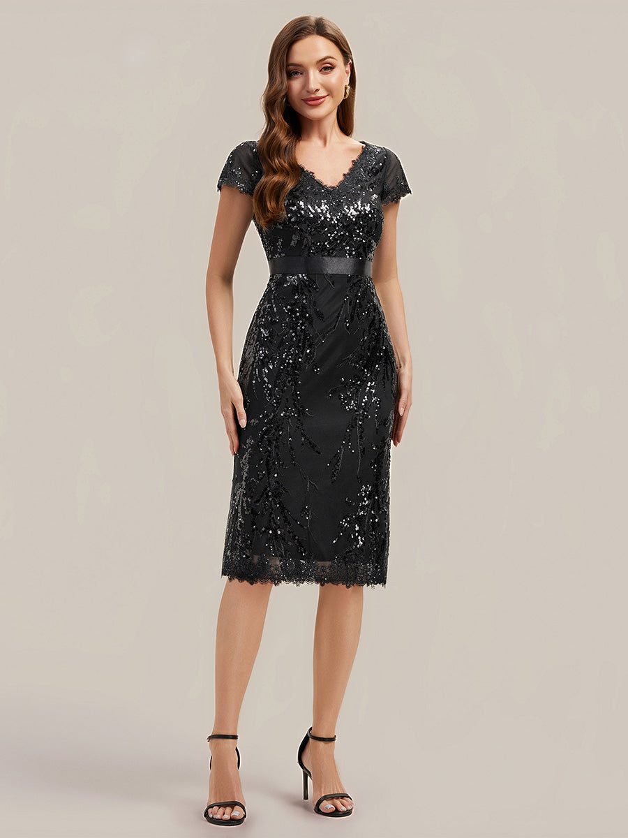 Ever-Pretty Sequin Lace V-Neck Midi Cocktail Dress with Short Sleeves Ever-Pretty Sequin Lace V-Neck Midi Cocktail Dress with Short Sleeves
