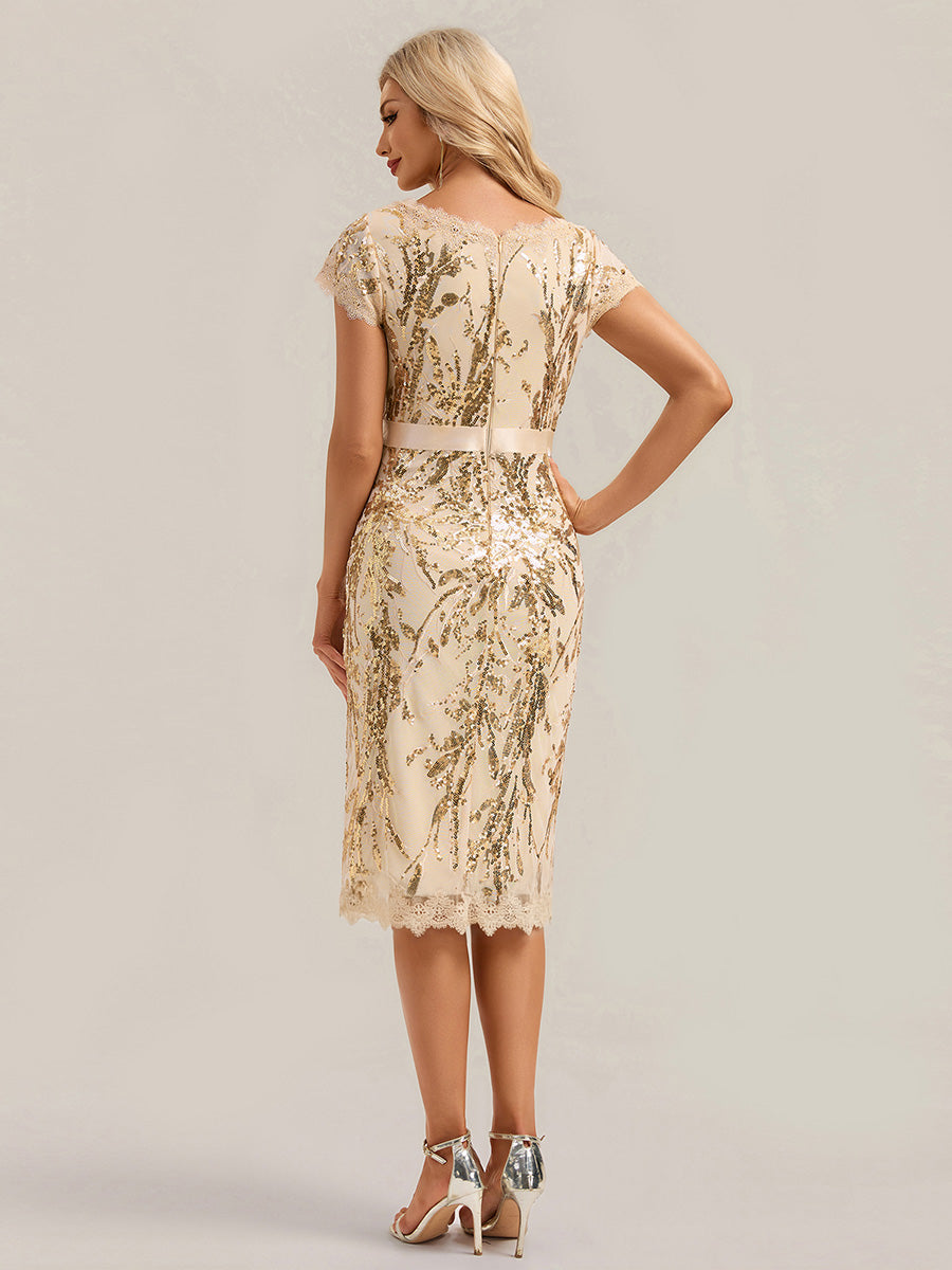 Bodycon Midi Sequin Cap Sleeve Wedding Guest Dress #color_Gold