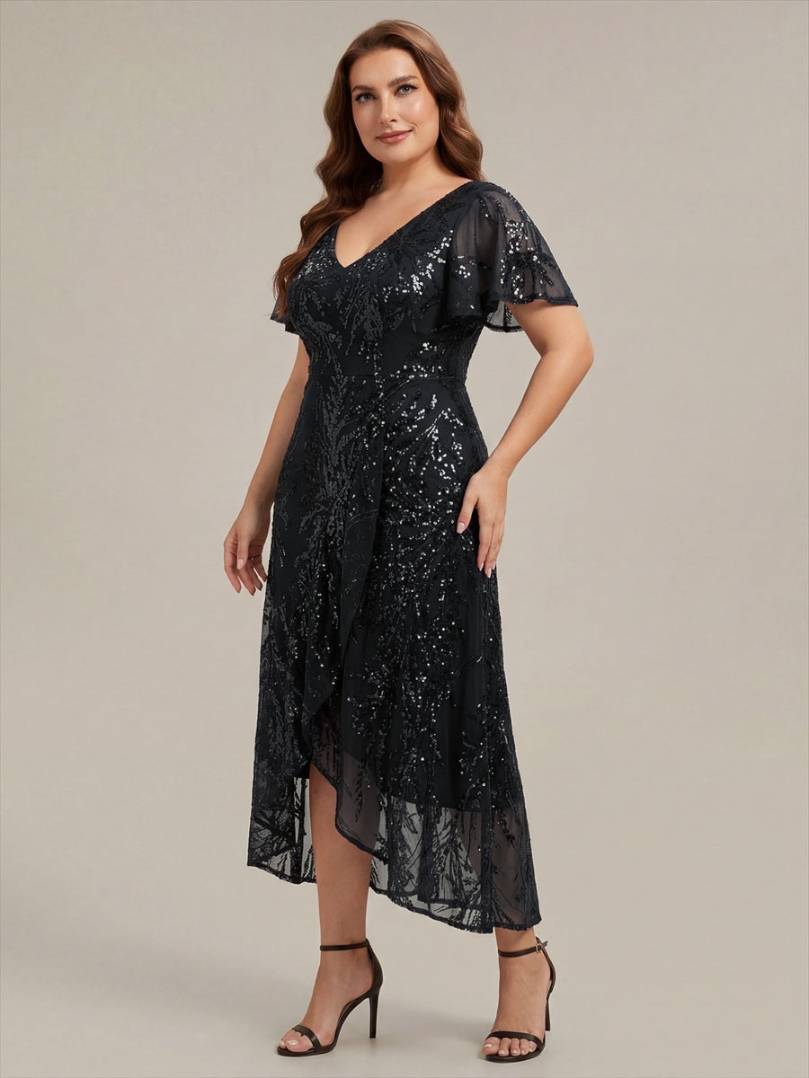 Plus Size Ruffled Sequin Wedding Guest Dress #color_Black
