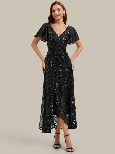 Ruffled Sequin Ruffle Sleeve Wedding Guest Dress