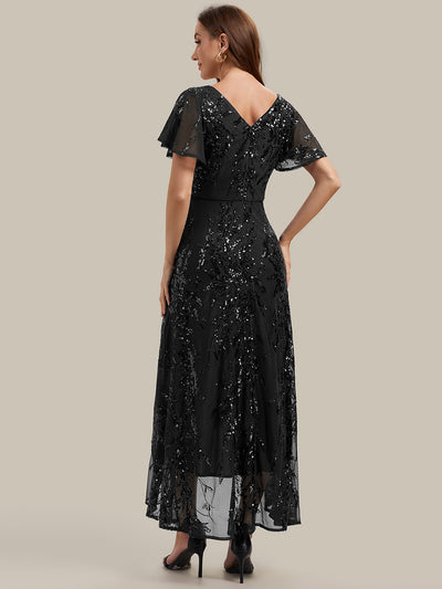 Ruffled Sequin Ruffle Sleeve Wedding Guest Dress #color_Black