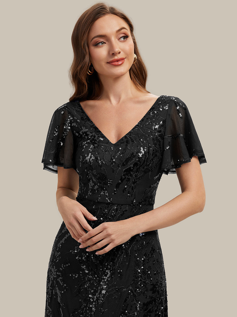Ruffled Sequin Ruffle Sleeve Wedding Guest Dress #color_Black