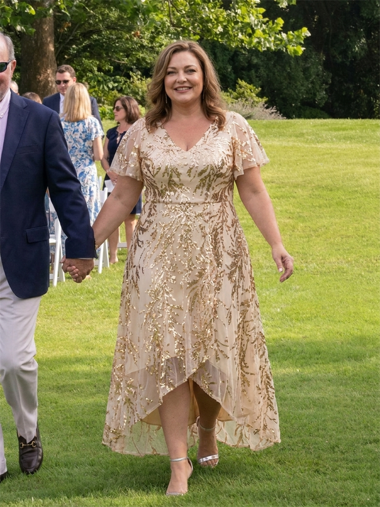 Ruffled Sequin Ruffle Sleeve Wedding Guest Dress #color_Gold
