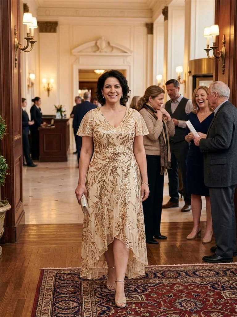 Ruffled Sequin Ruffle Sleeve Wedding Guest Dress #color_Gold