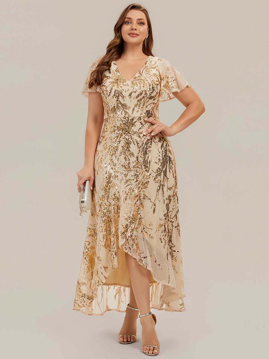 Ruffled Sequin Ruffle Sleeve Wedding Guest Dress #color_Gold