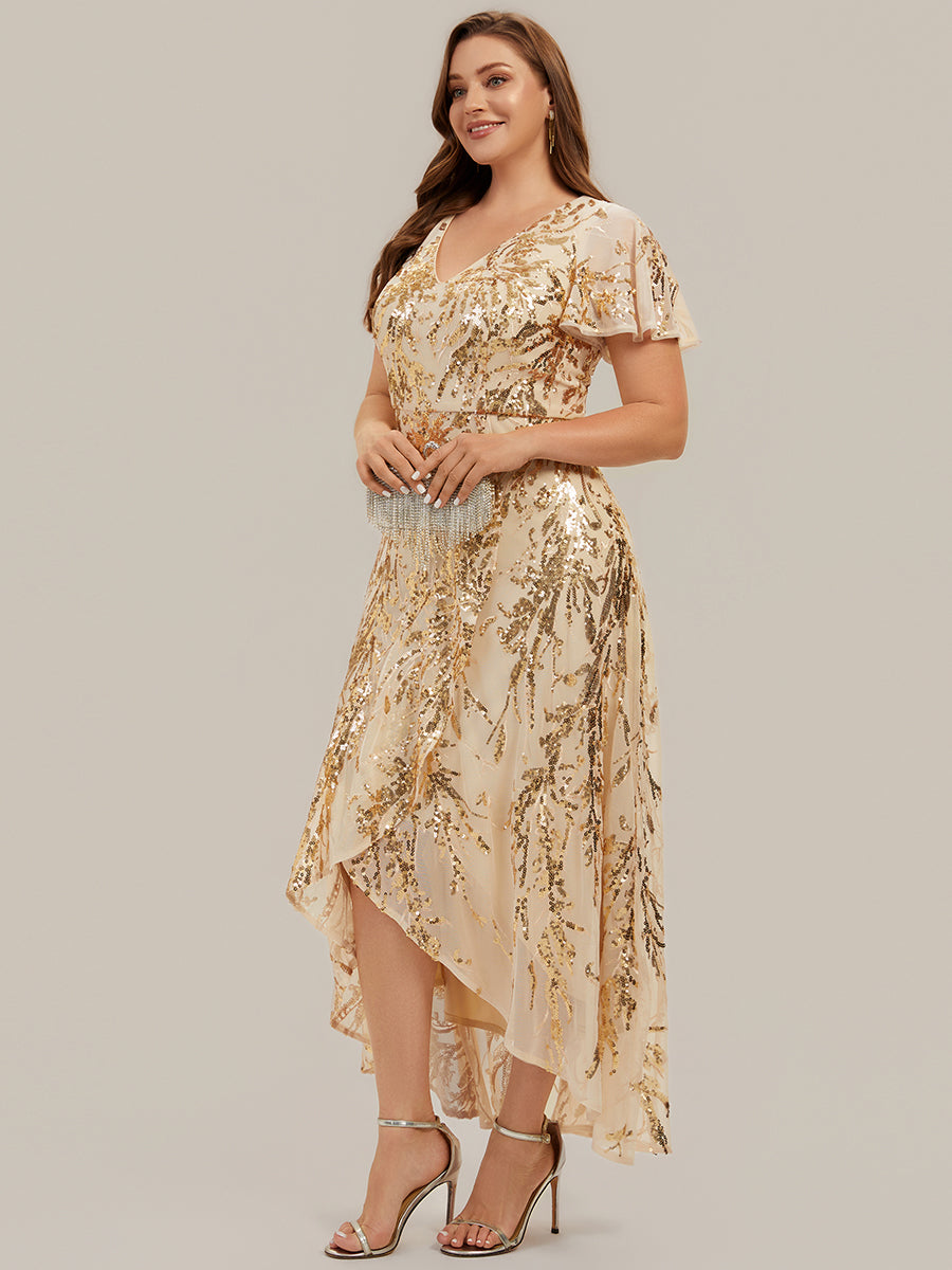 Ruffled Sequin Ruffle Sleeve Wedding Guest Dress #color_Gold