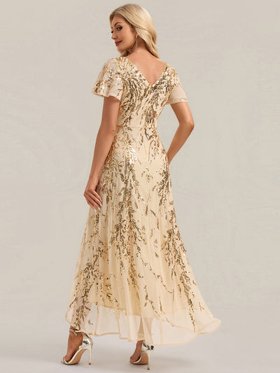 Ruffled Sequin Ruffle Sleeve Wedding Guest Dress #color_Gold