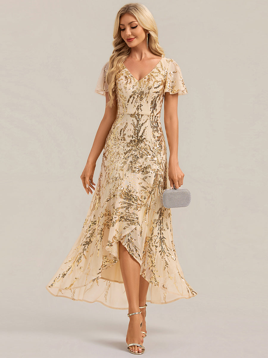 Ruffled Sequin Ruffle Sleeve Wedding Guest Dress