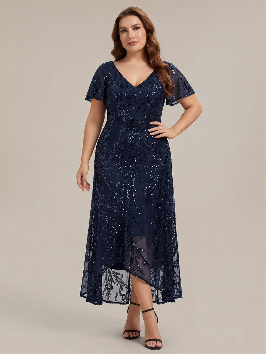 Ruffled Sequin Ruffle Sleeve Wedding Guest Dress #color_Navy Blue