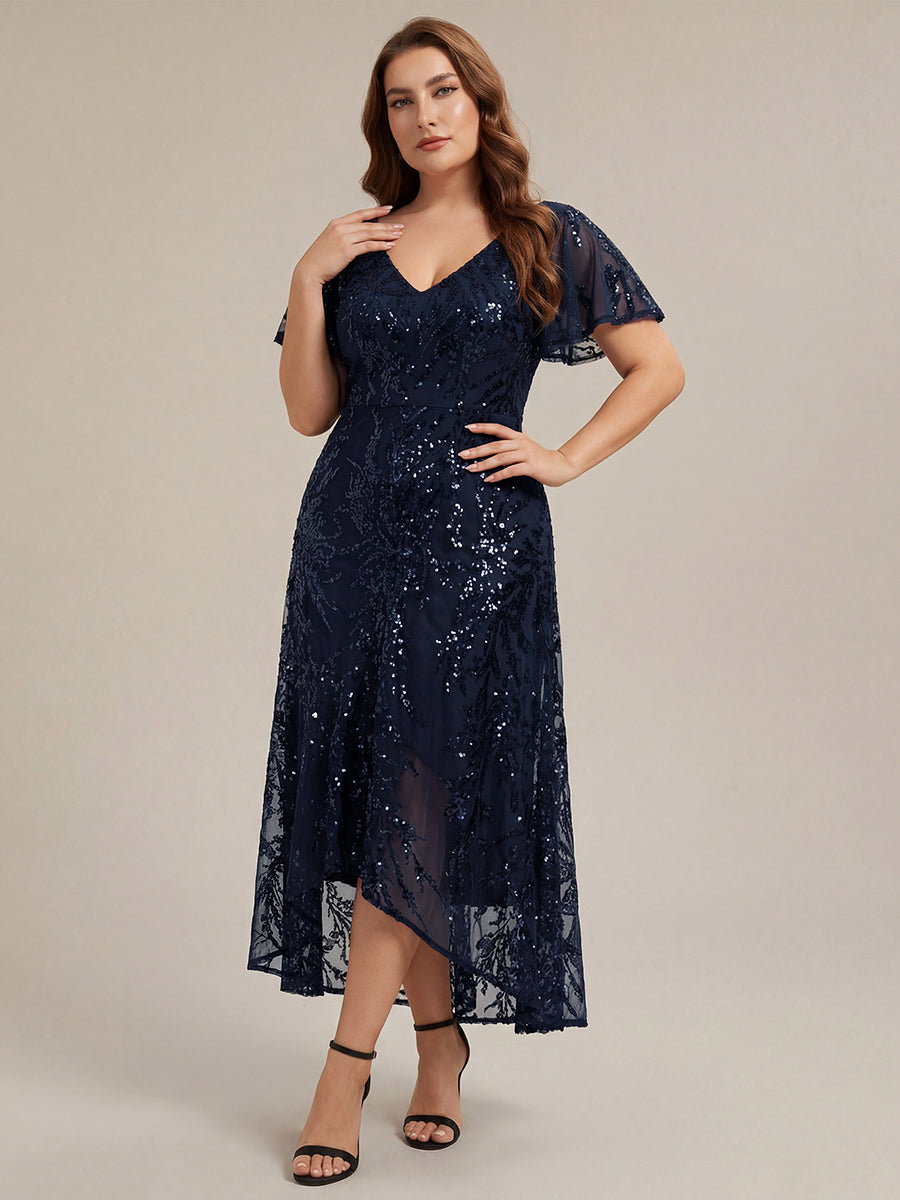 Plus Size Ruffled Sequin Wedding Guest Dress #color_Navy Blue
