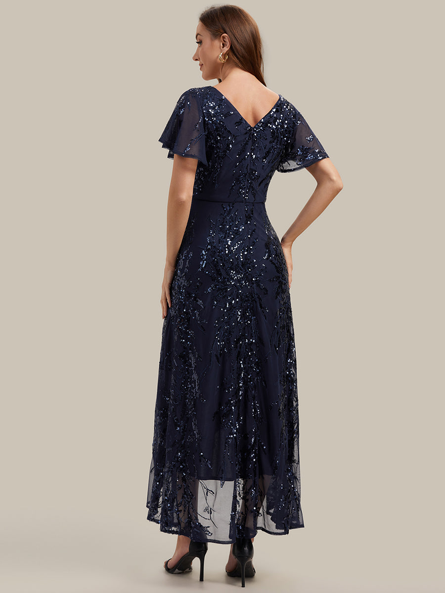 Ruffled Sequin Ruffle Sleeve Wedding Guest Dress #color_Navy Blue
