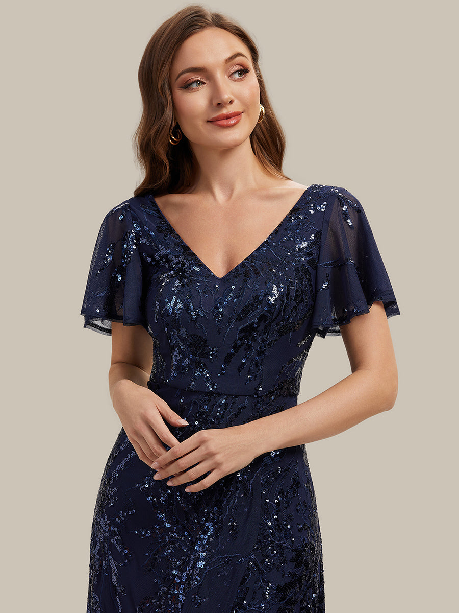 Ruffled Sequin Ruffle Sleeve Wedding Guest Dress #color_Navy Blue