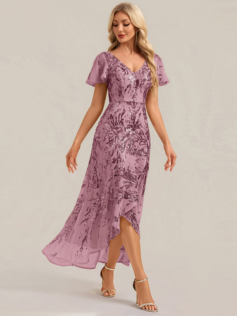 Ruffled Sequin Ruffle Sleeve Wedding Guest Dress #color_Purple Orchid