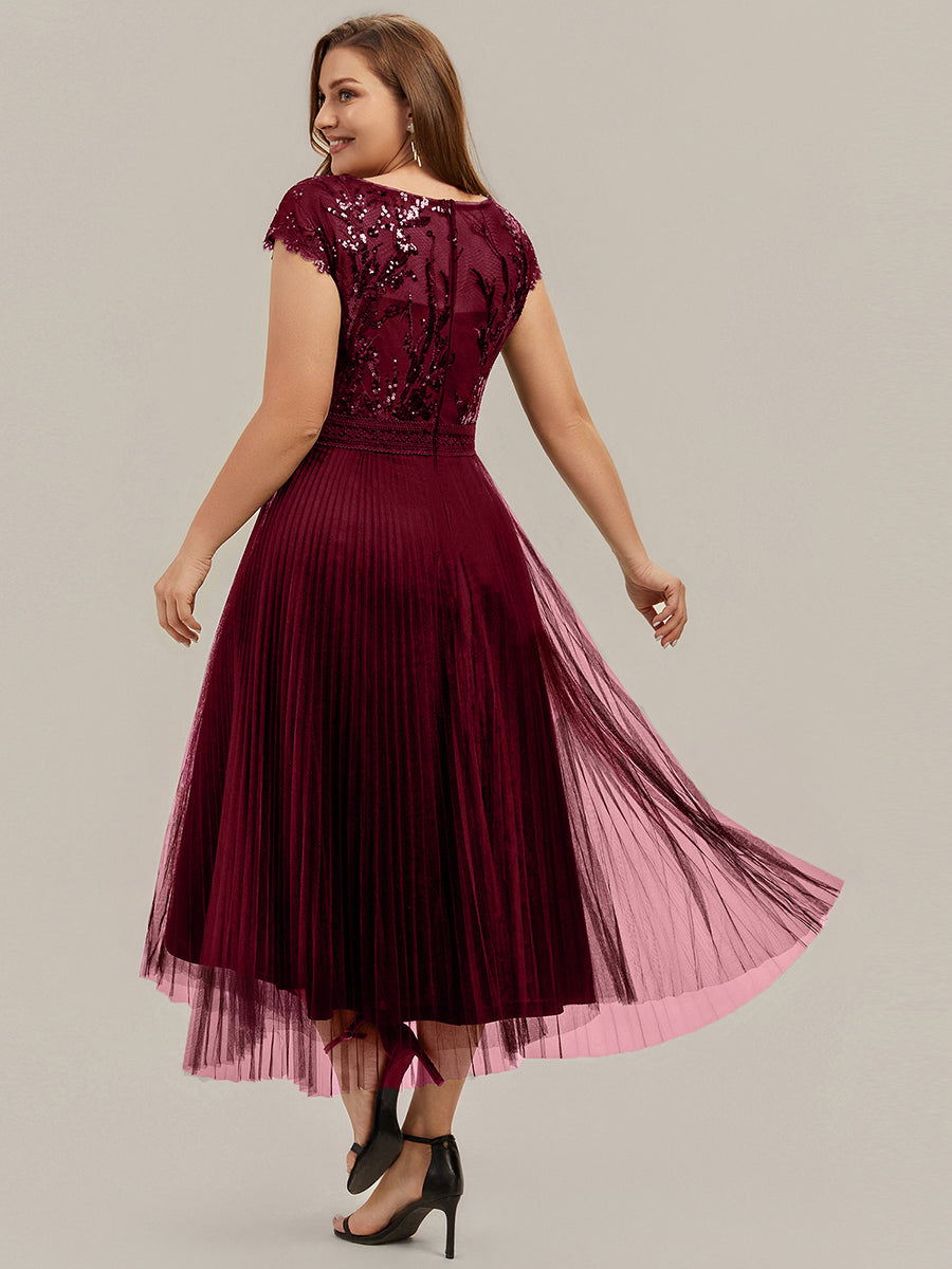 See-through Sequin Cap Sleeve Wedding Guest Dress #color_Burgundy