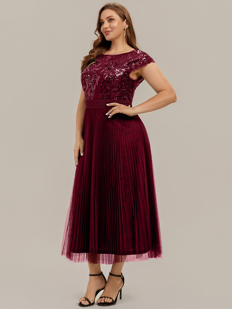 See-through Sequin Cap Sleeve Wedding Guest Dress #color_Burgundy