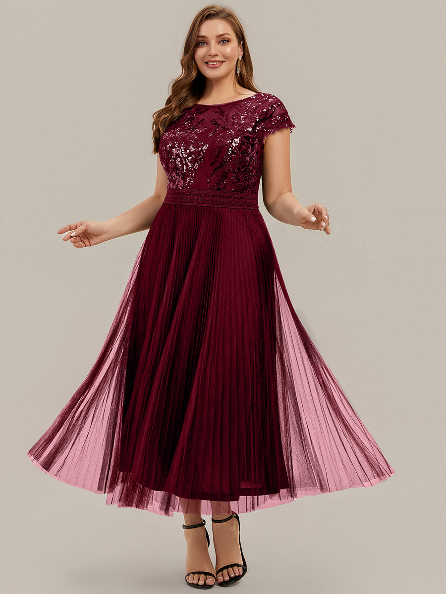 See-through Sequin Cap Sleeve Wedding Guest Dress #color_Burgundy