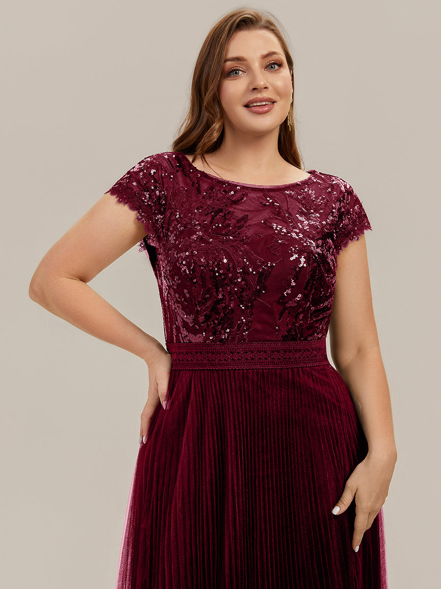 See-through Sequin Cap Sleeve Wedding Guest Dress #color_Burgundy