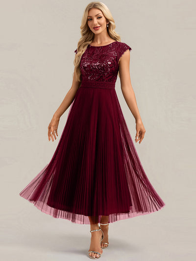 See-through Glitter Cap Sleeve A-Line Wedding Guest Dress
