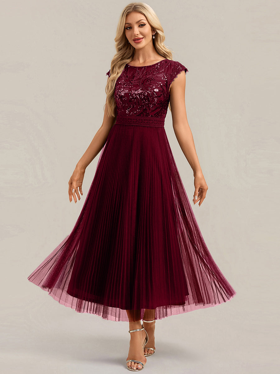 See-through Sequin Cap Sleeve Wedding Guest Dress #color_Burgundy