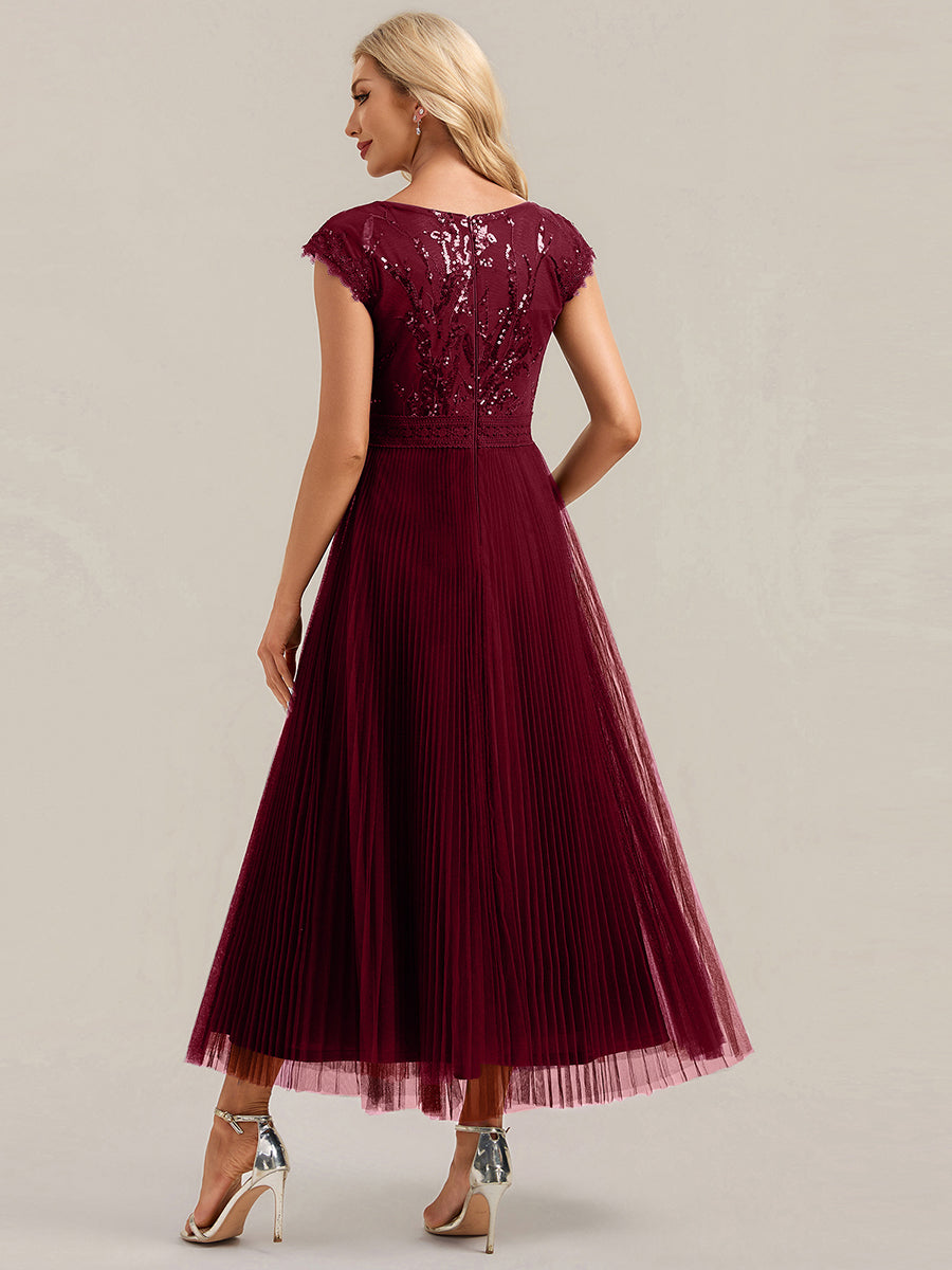 See-through Sequin Cap Sleeve Wedding Guest Dress #color_Burgundy