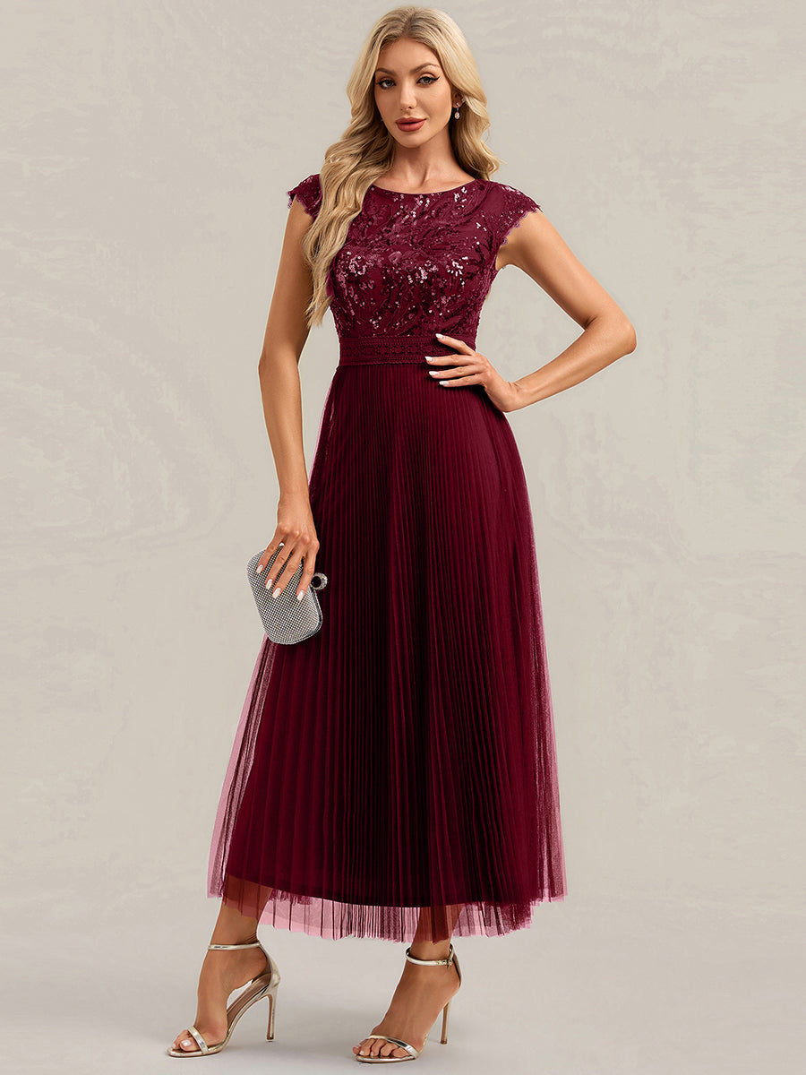 See-through Sequin Cap Sleeve Wedding Guest Dress #color_Burgundy