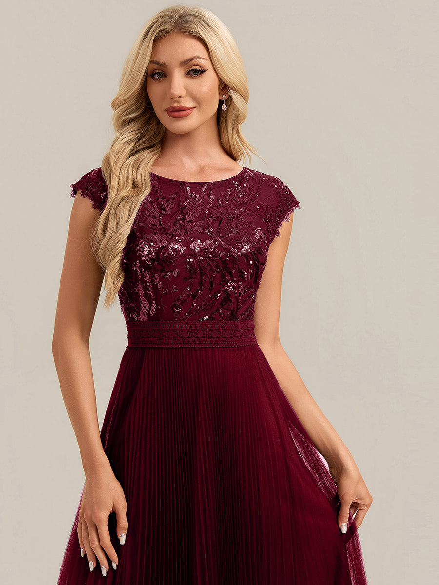 See-through Sequin Cap Sleeve Wedding Guest Dress #color_Burgundy
