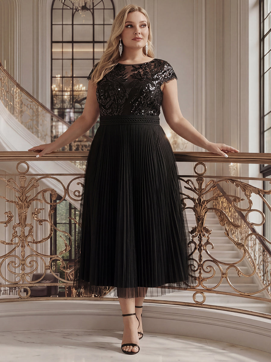 Plus Size See-through Sequin Wedding Guest Dress #color_Black