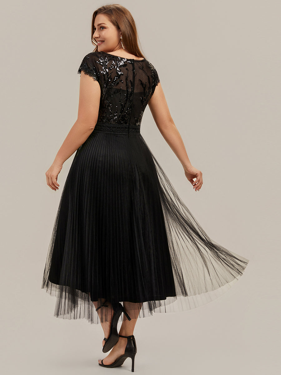 See-through Sequin Cap Sleeve Wedding Guest Dress #color_Black