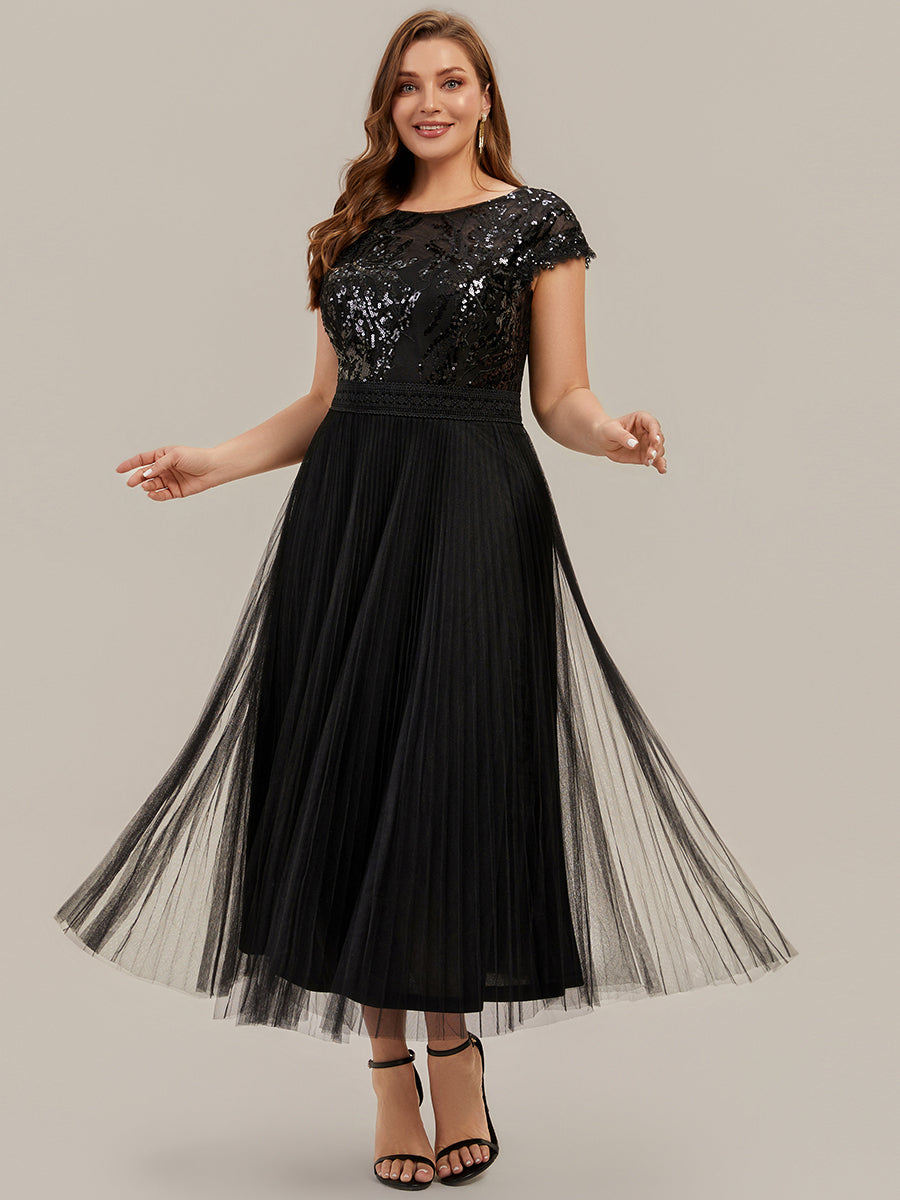 See-through Sequin Cap Sleeve Wedding Guest Dress #color_Black