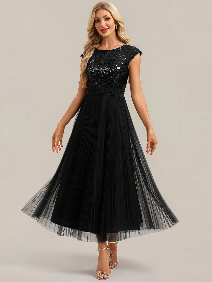 See-through Sequin Cap Sleeve Wedding Guest Dress #color_Black