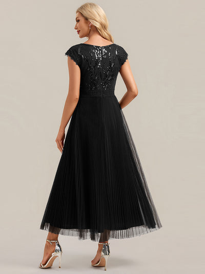 See-through Sequin Cap Sleeve Wedding Guest Dress #color_Black