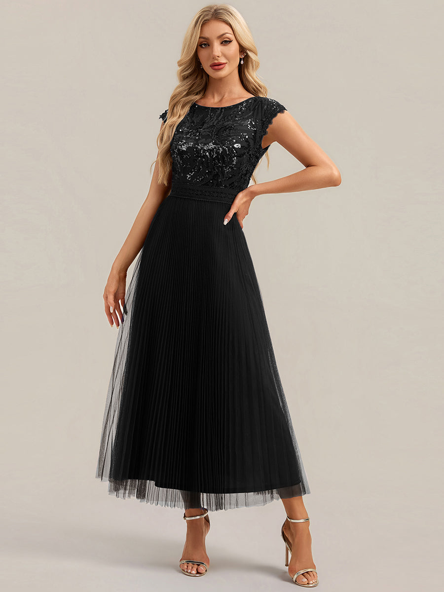 See-through Sequin Cap Sleeve Wedding Guest Dress #color_Black