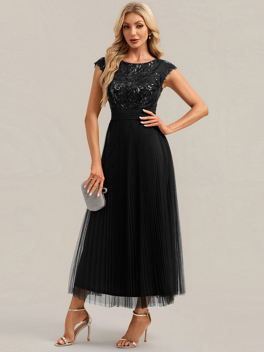See-through Sequin Cap Sleeve Wedding Guest Dress #color_Black