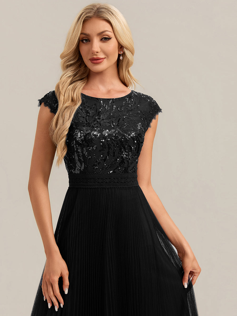 See-through Sequin Cap Sleeve Wedding Guest Dress #color_Black