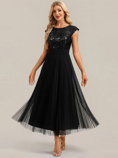 See-through Glitter Cap Sleeve A-Line Wedding Guest Dress