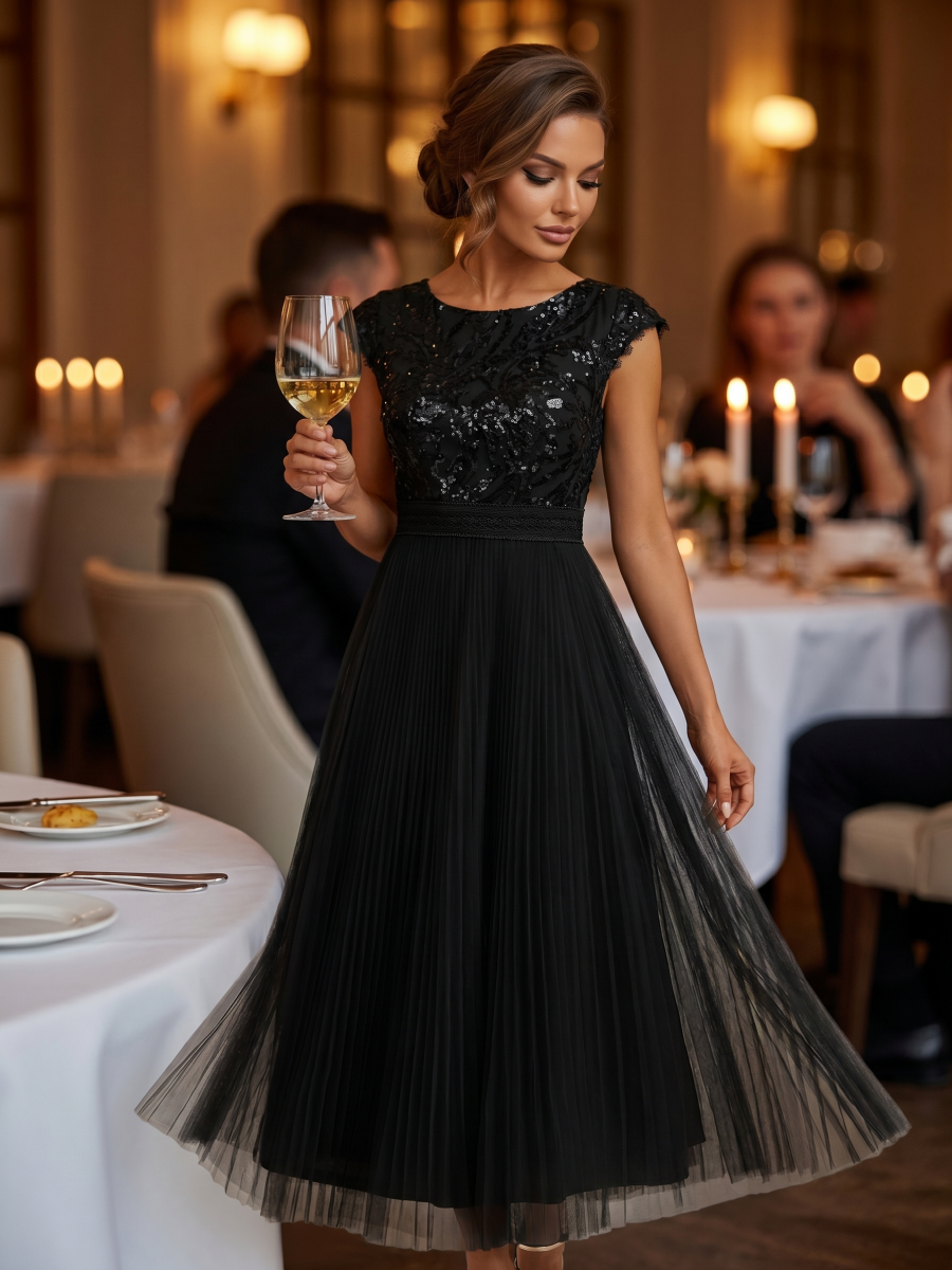 See-through Sequin Cap Sleeve Wedding Guest Dress #color_Black