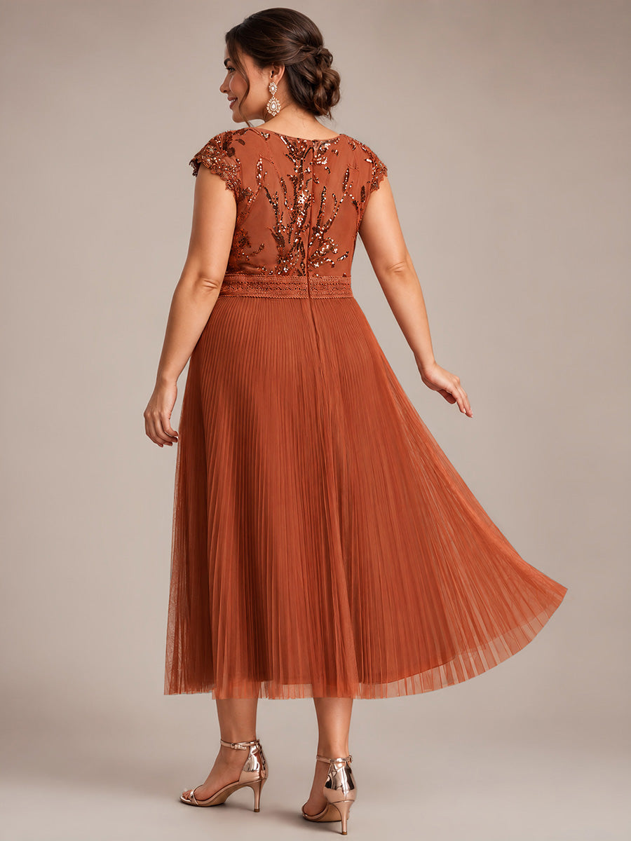 See-through Sequin Cap Sleeve Wedding Guest Dress #color_Burnt Orange