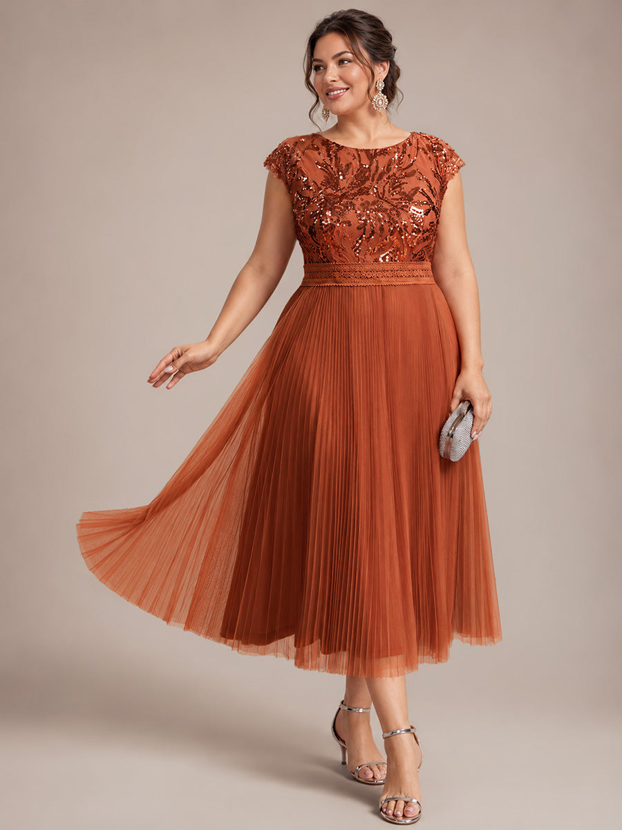 See-through Sequin Cap Sleeve Wedding Guest Dress #color_Burnt Orange