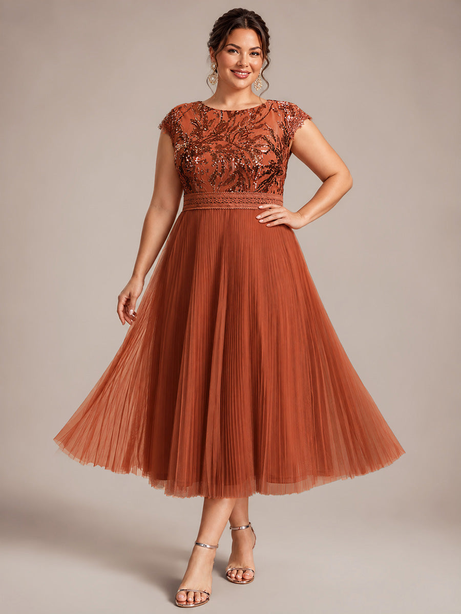 See-through Sequin Cap Sleeve Wedding Guest Dress #color_Burnt Orange