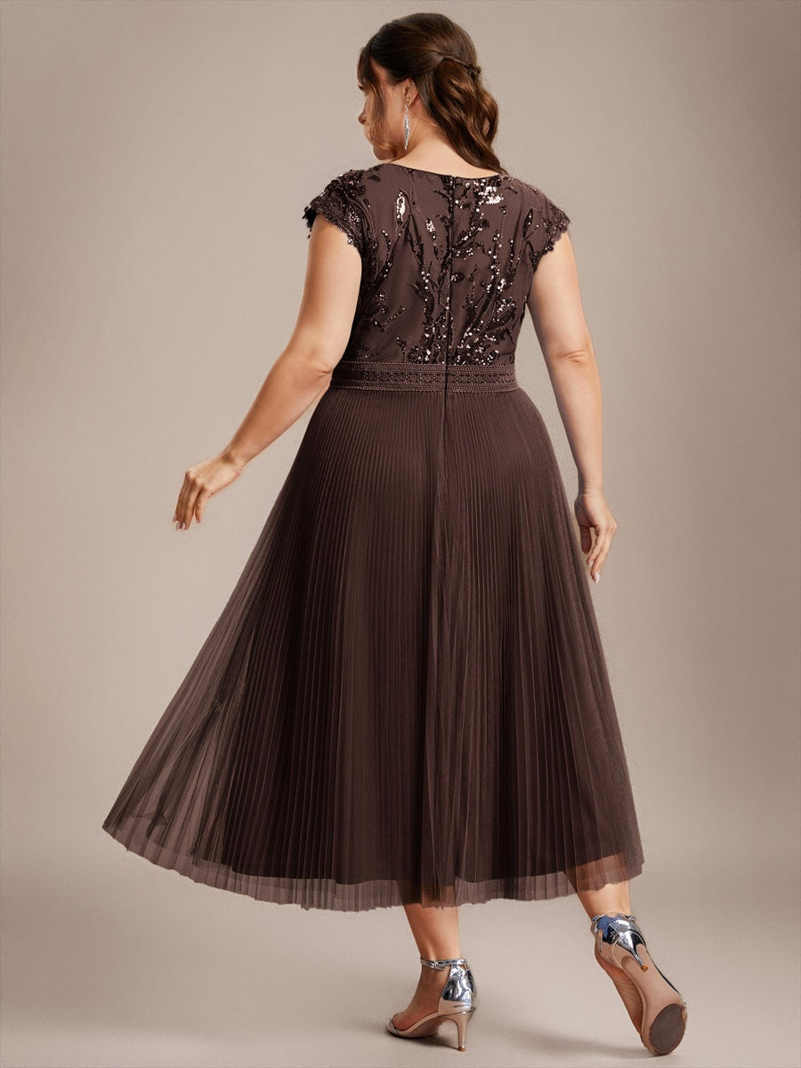 See-through Sequin Cap Sleeve Wedding Guest Dress #color_Chocolate brown