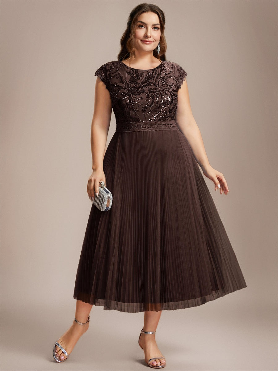 Plus Size See-through Sequin Wedding Guest Dress #color_Chocolate brown