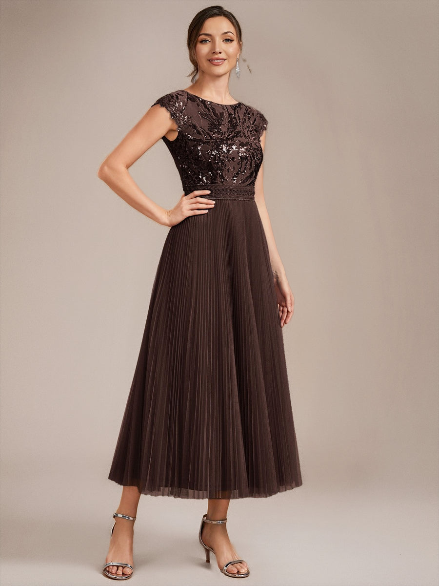 See-through Sequin Cap Sleeve Wedding Guest Dress #color_Chocolate brown