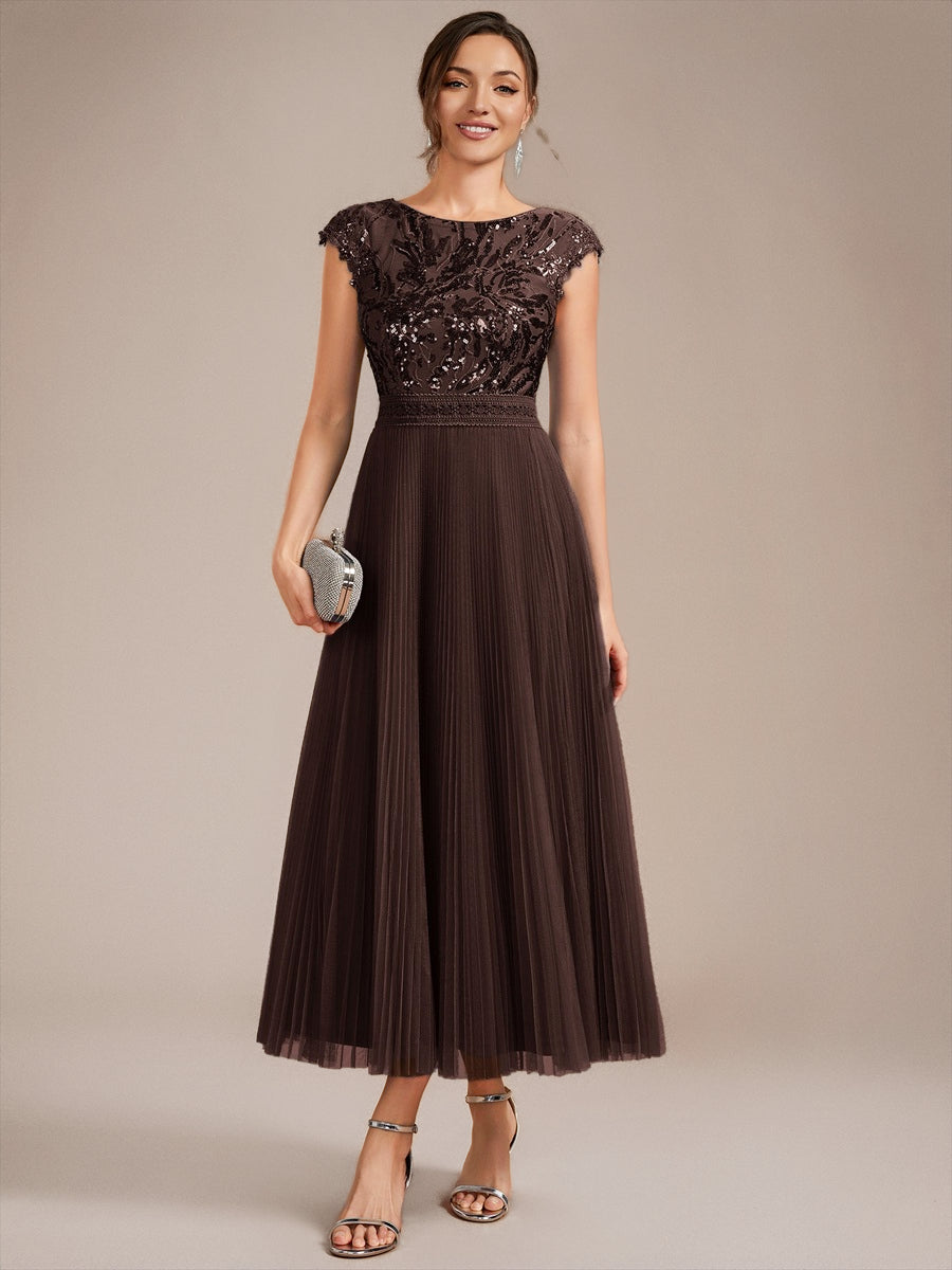 See-through Sequin Cap Sleeve Wedding Guest Dress #color_Chocolate brown