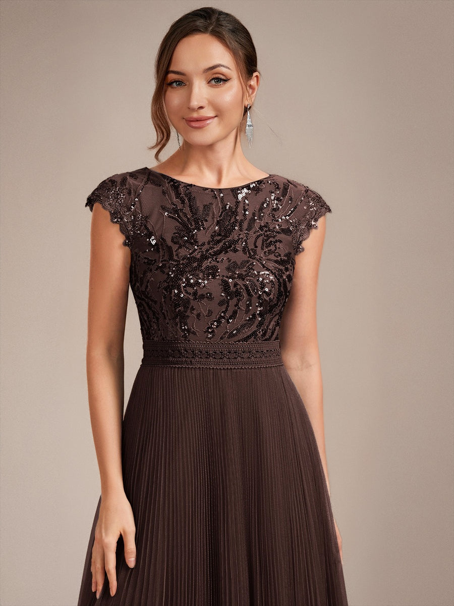See-through Sequin Cap Sleeve Wedding Guest Dress #color_Chocolate brown