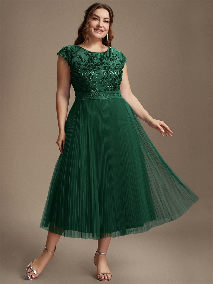 See-through Sequin Cap Sleeve Wedding Guest Dress #color_Dark Green