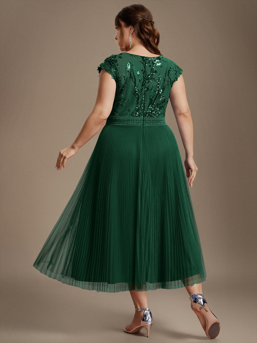 See-through Sequin Cap Sleeve Wedding Guest Dress #color_Dark Green