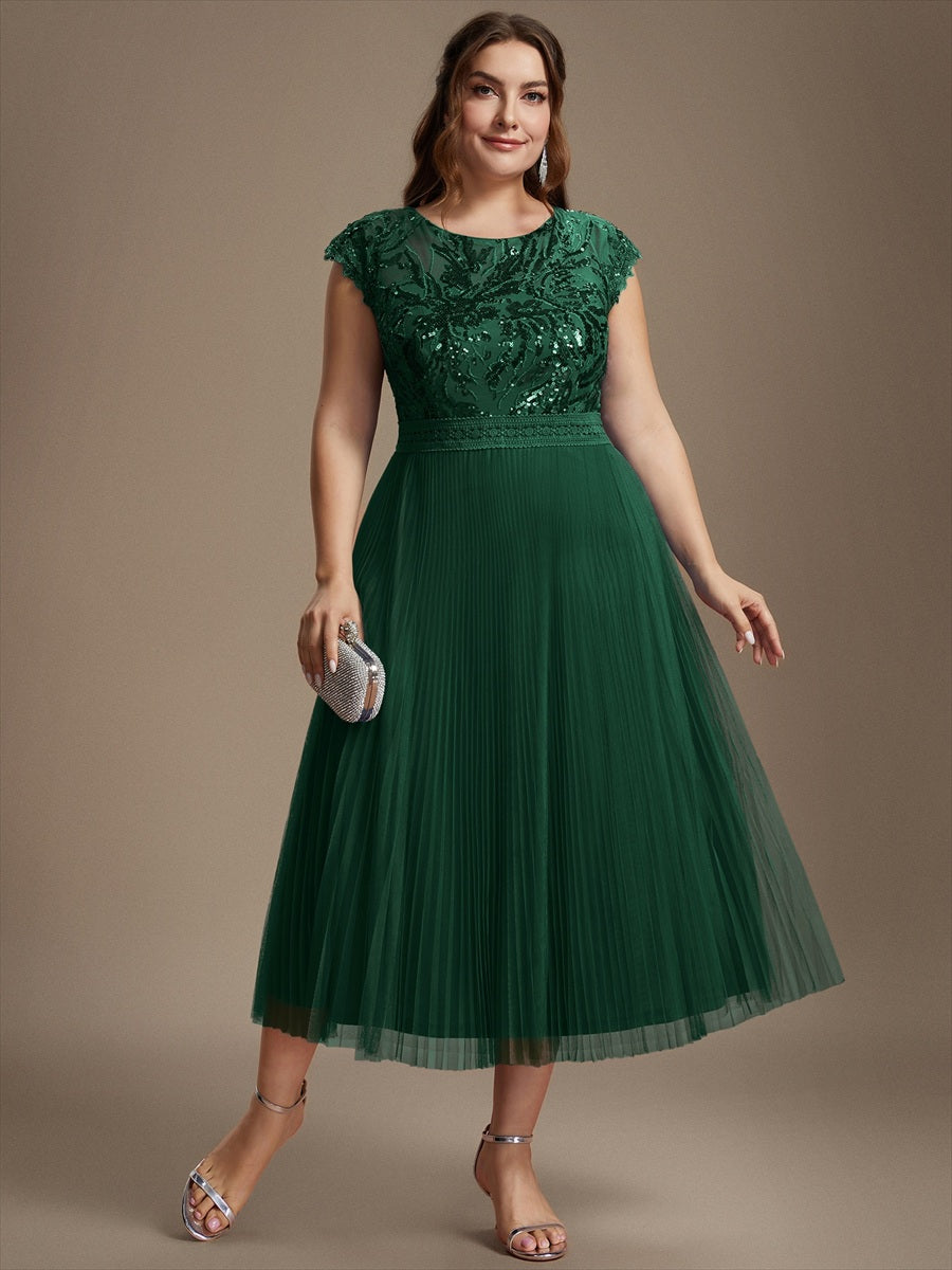 See-through Sequin Cap Sleeve Wedding Guest Dress #color_Dark Green