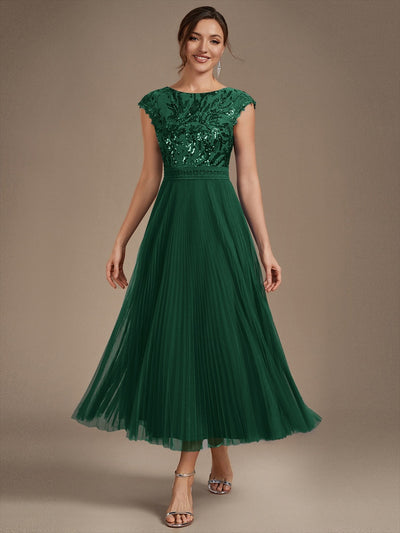 See-through Glitter Cap Sleeve A-Line Wedding Guest Dress
