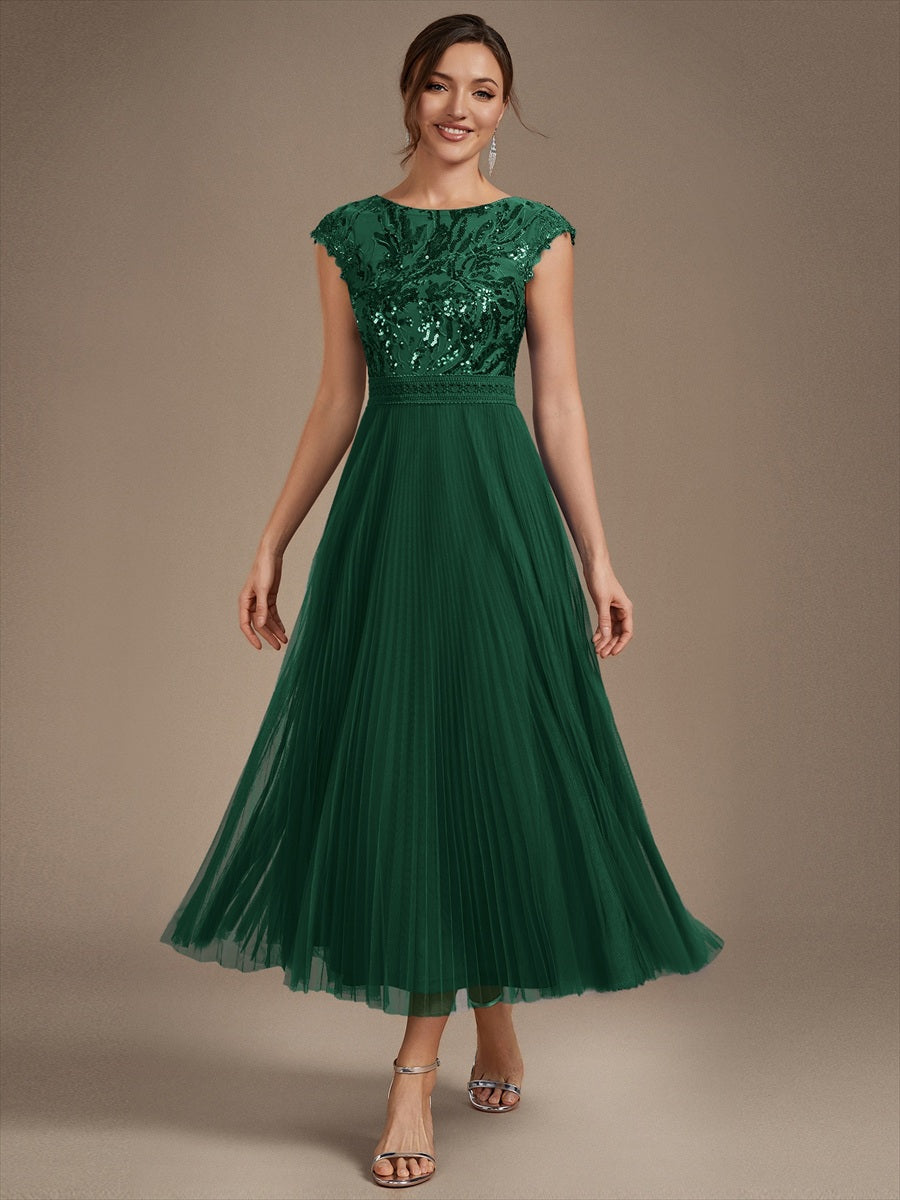 See-through Sequin Cap Sleeve Wedding Guest Dress #color_Dark Green